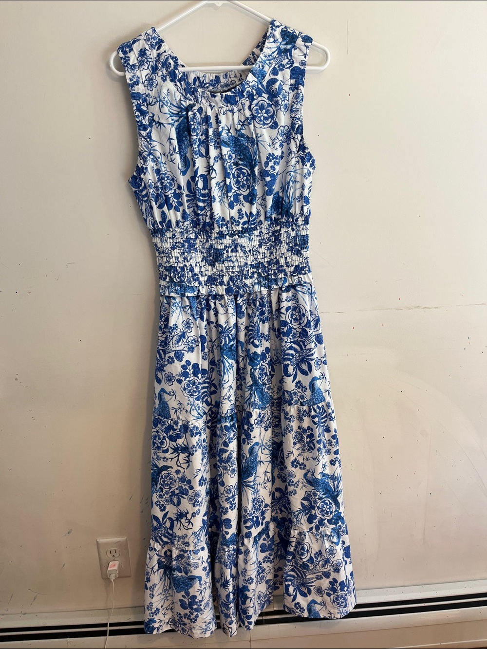 Anthropologie Blue and White Floral Smocked Midi Dress